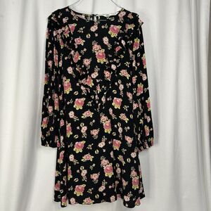 Zara Sandy Mini Dress Large Black Pink Floral Rose Ruffled Long Sleeve Trendy